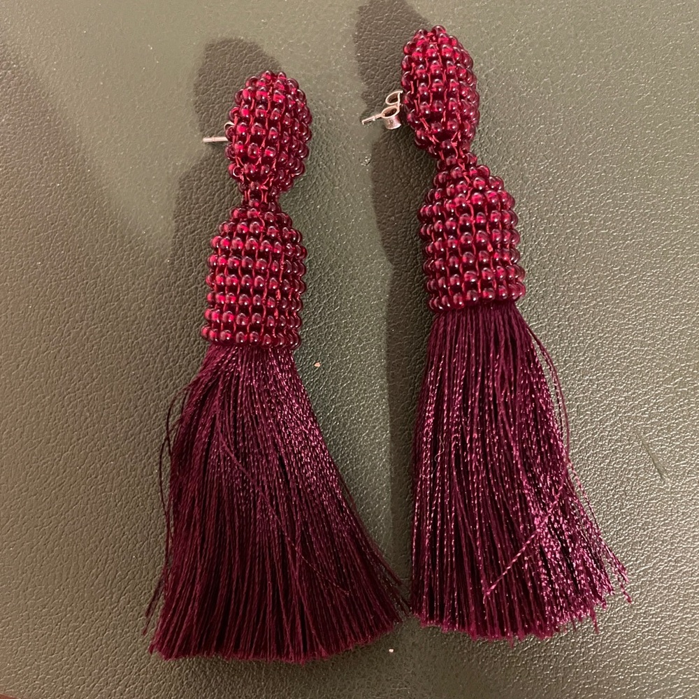 Dark Burgundy Audrey Hepburn style beaded tassel earrings